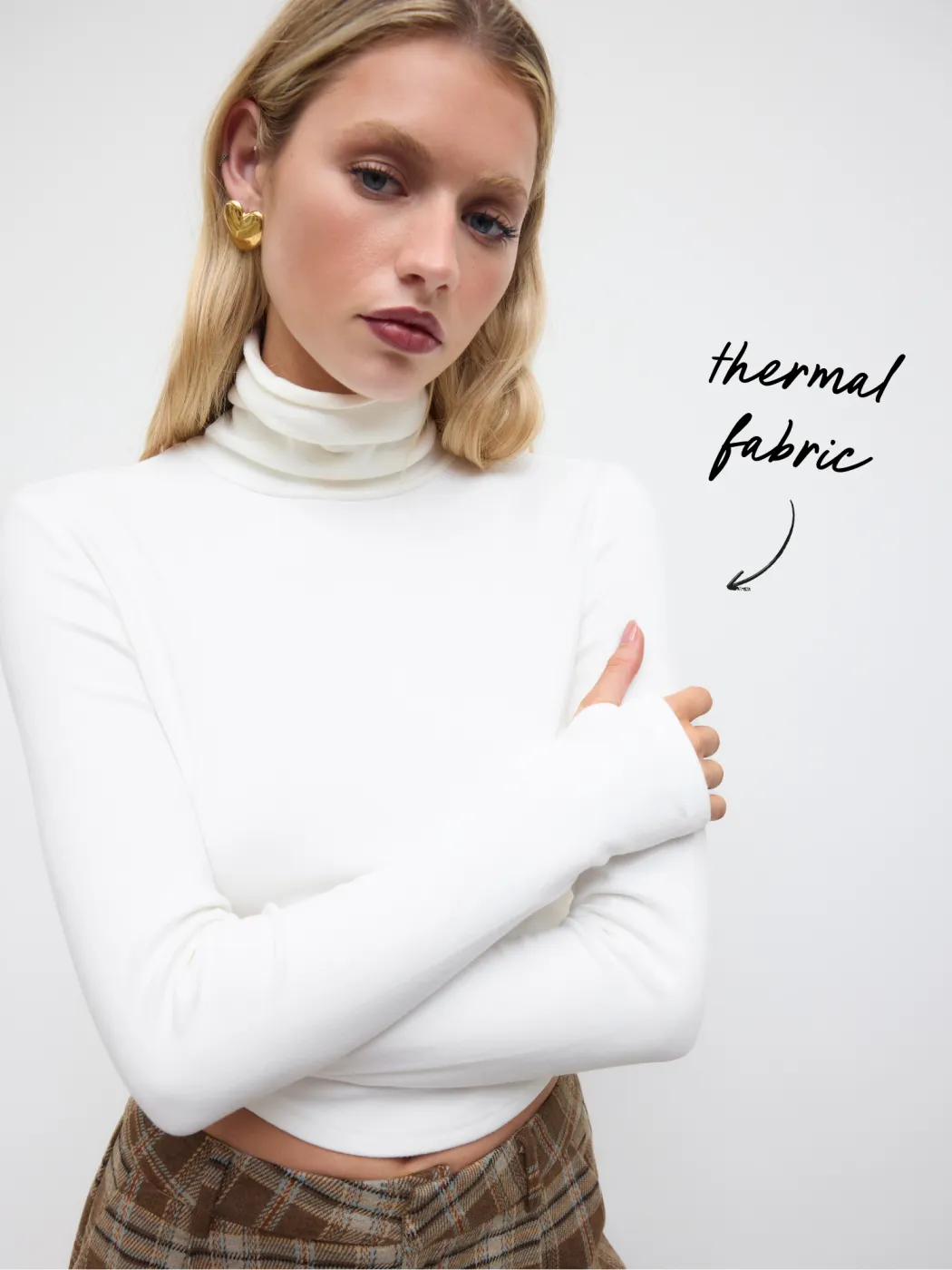 Thermal Cotton-blend High Neck Thumb Hole Solid Long Sleeve Tee