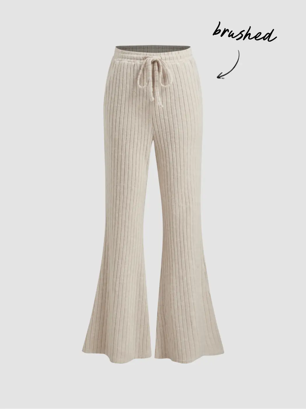 Knit Fabric Brushed Mid Rise Drawstring Flared Trousers For