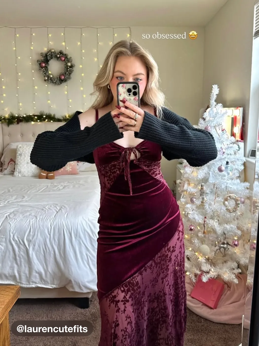 Velvet V-neck Floral Cut Out Knotted Midi Dress