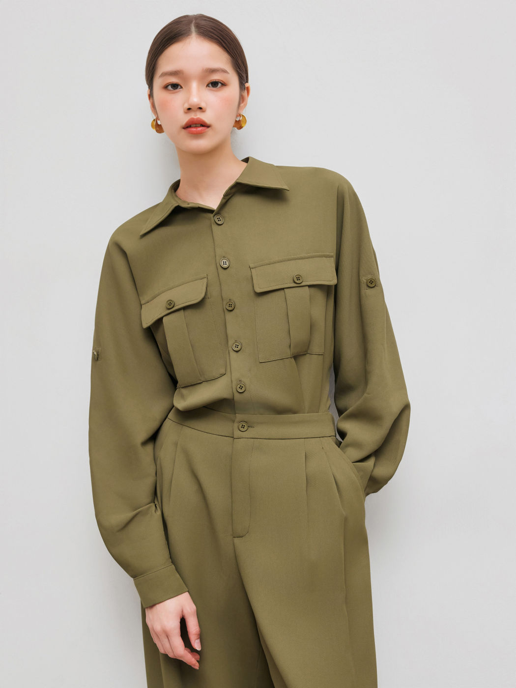 Collar Solid Button Pocket Straight Leg Jumpsuit