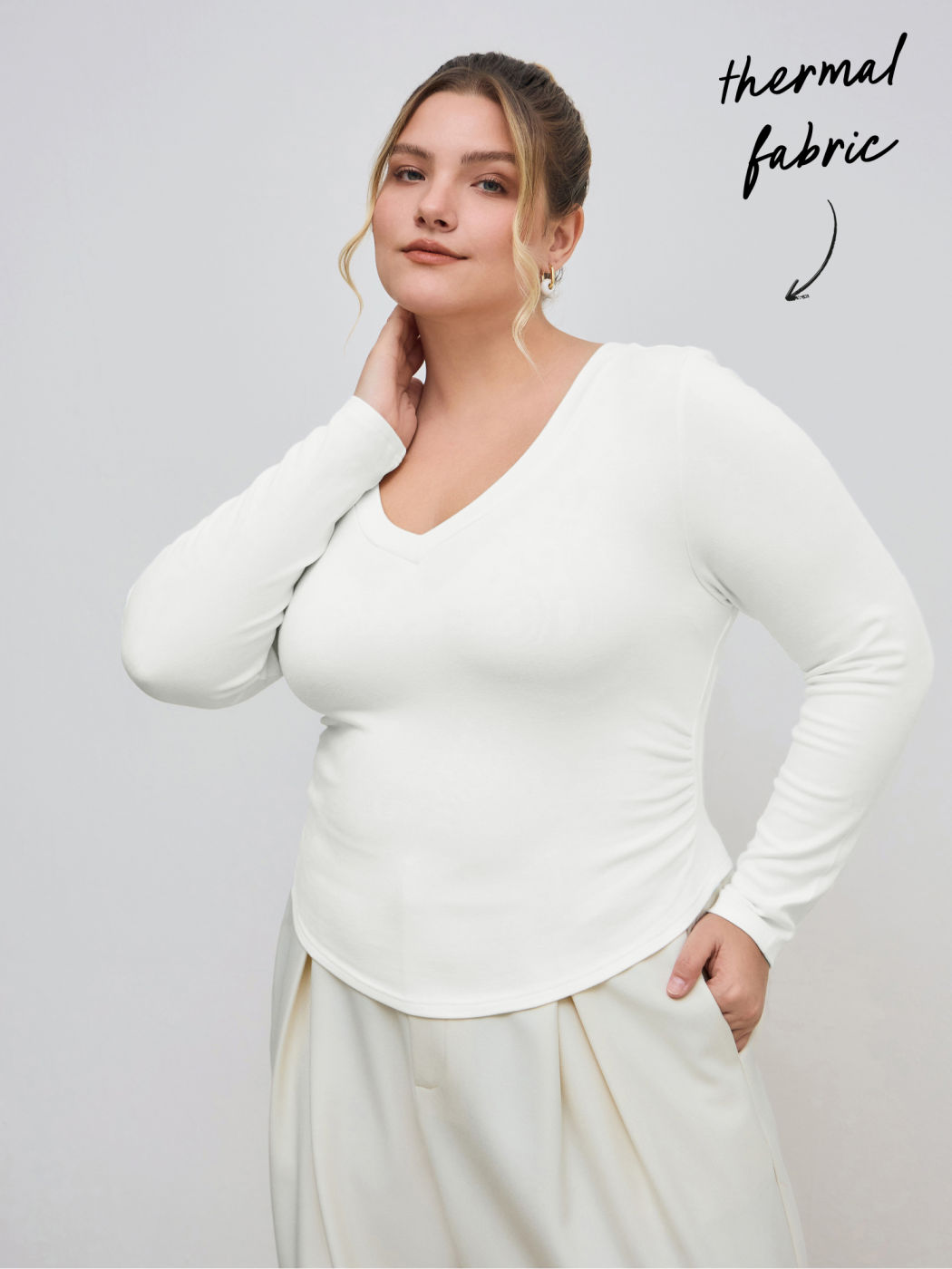 Maglietta termica in misto cotone con scollo a V e manica lunga increspata Curve & Plus