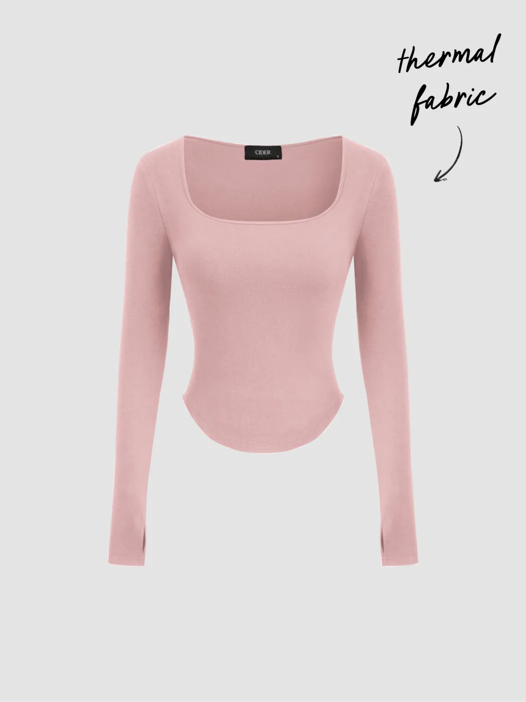 Thermal Cotton-blend Square Neck Solid Thumb Hole Long Sleeve Tee