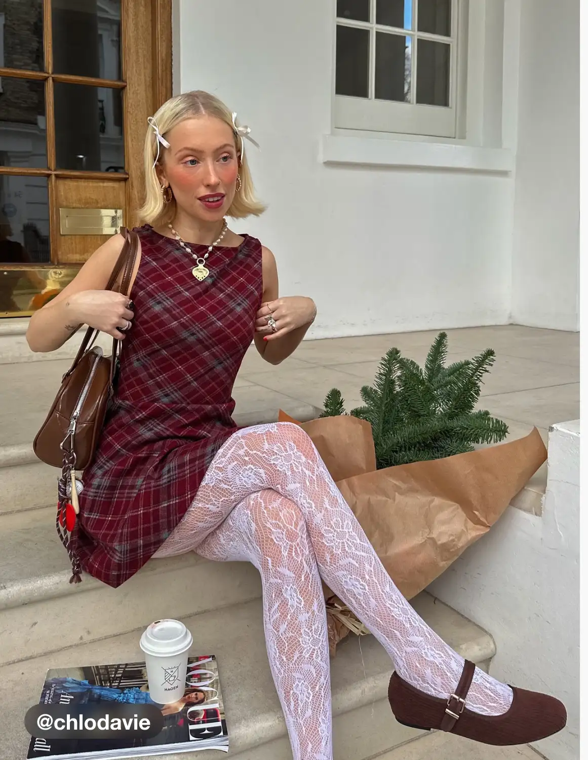 Wool-look Boat Neck Plaid Ruffle Hem Mini Dress