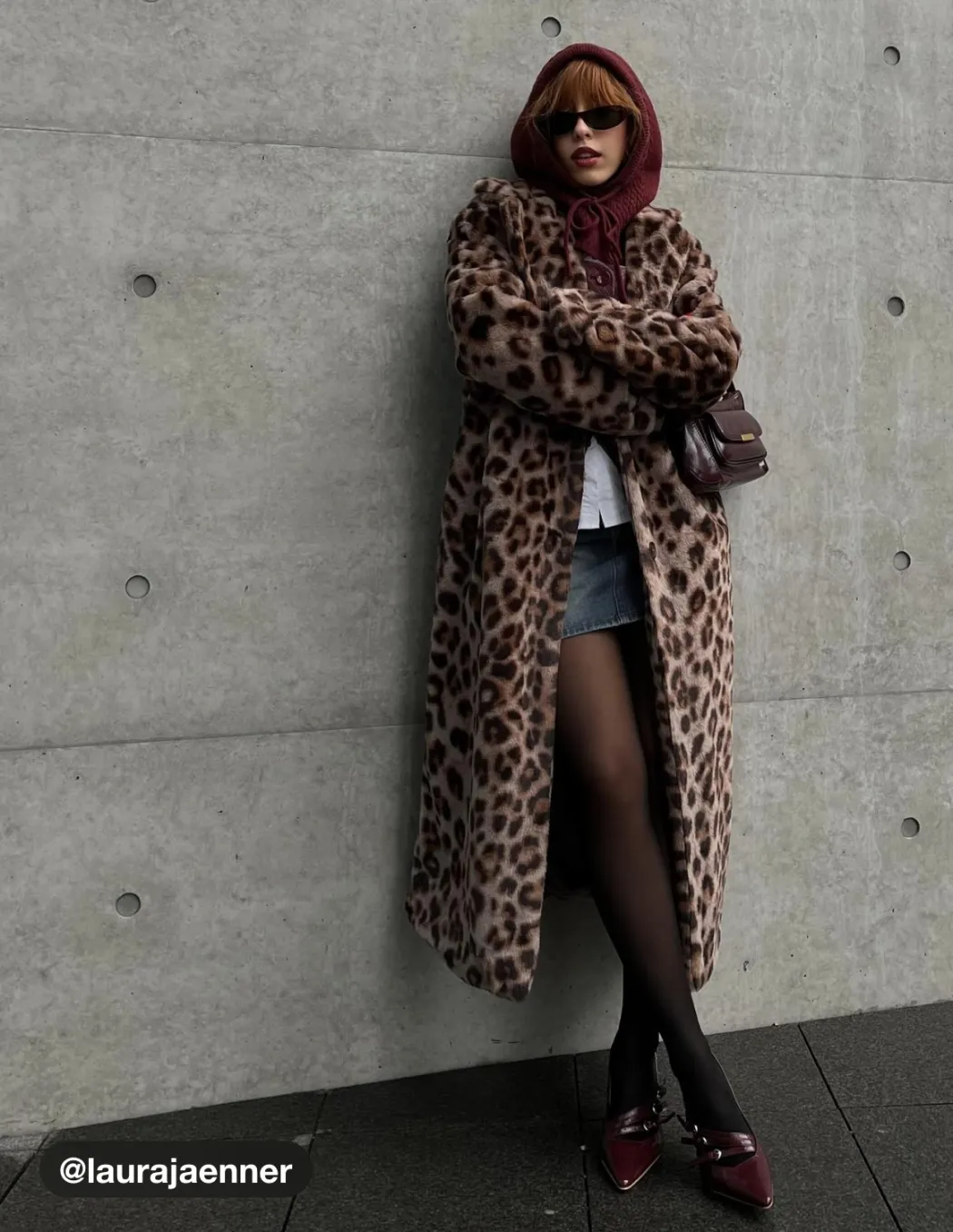 Faux Fur Collar Leopard Pocket Long Coat