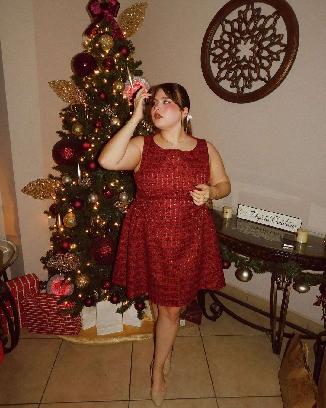 Tweed Boat Neck Zipper Ruffle Mini Dress Curve & Plus