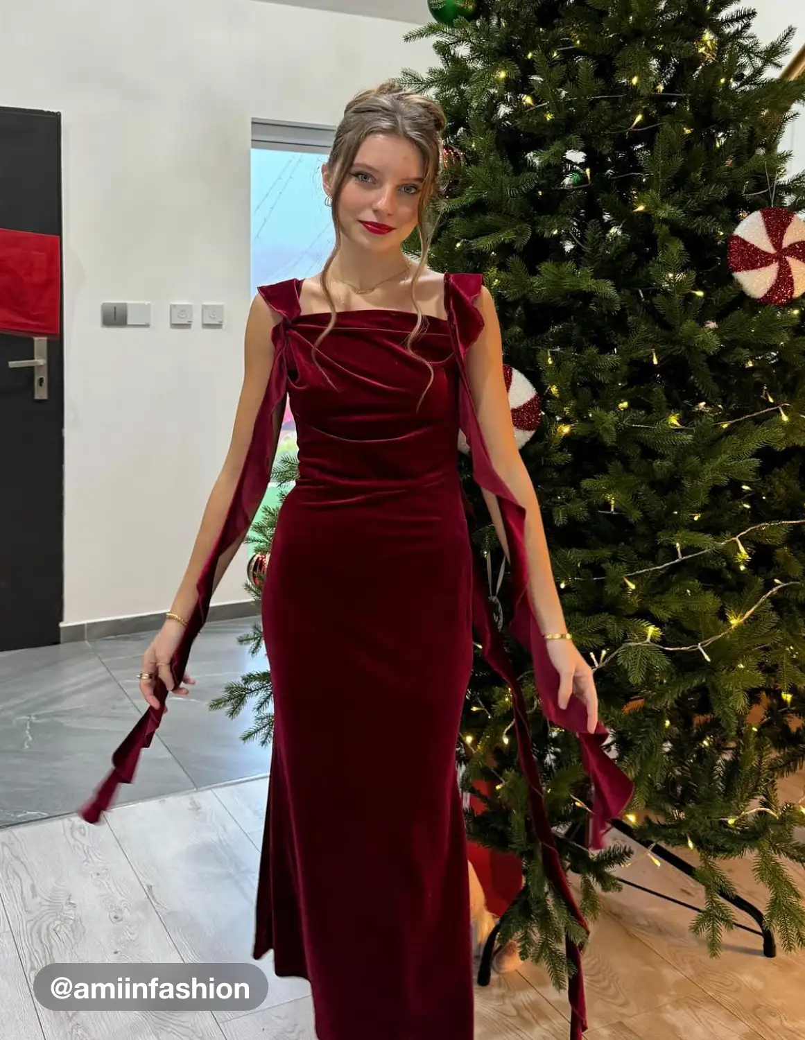 Velvet Cowl Neck Solid Ruffle Hem Maxi Dress