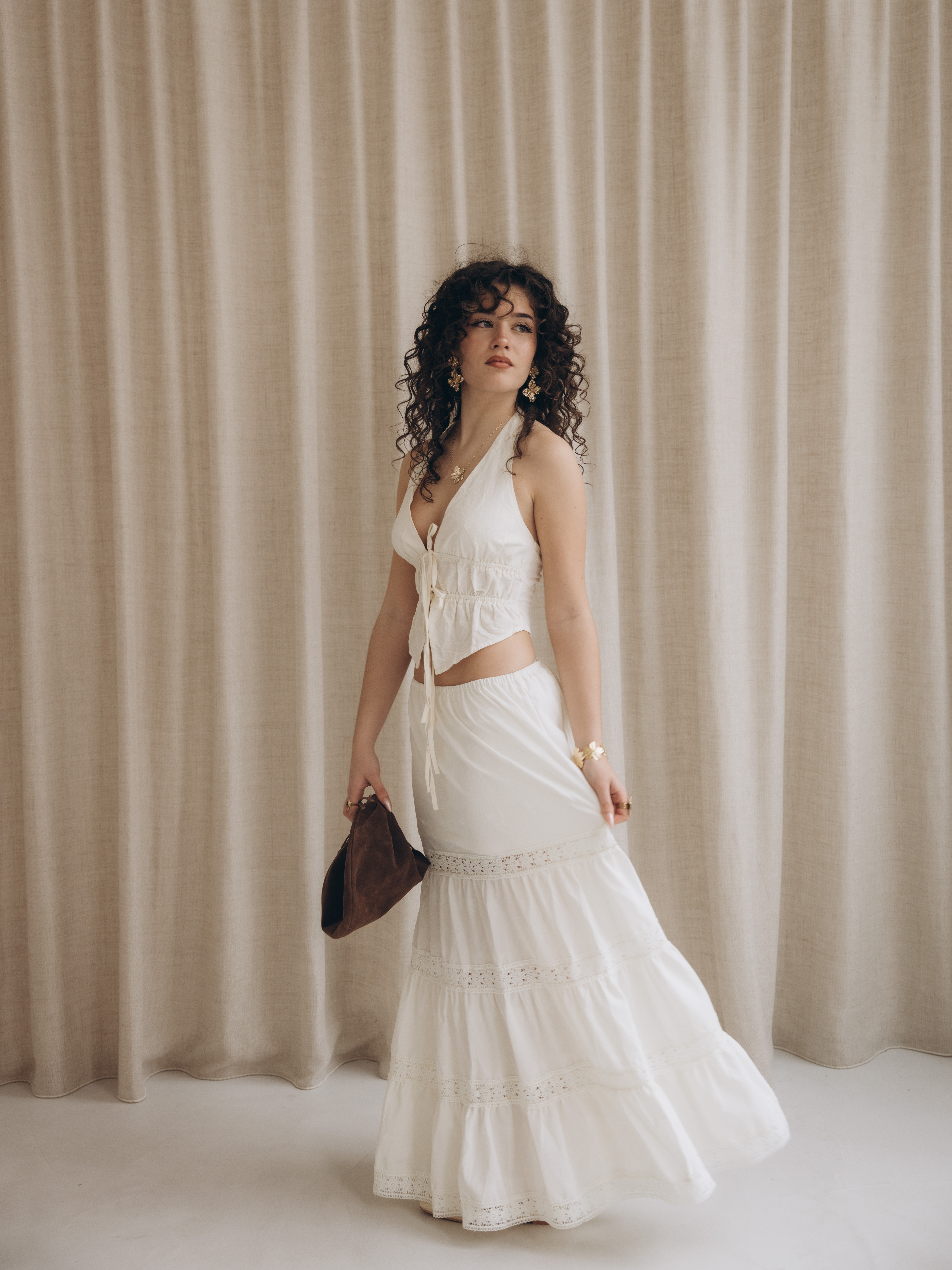 Jupe maxi à volants floraux tissés à taille mi-haute et à volants superposés