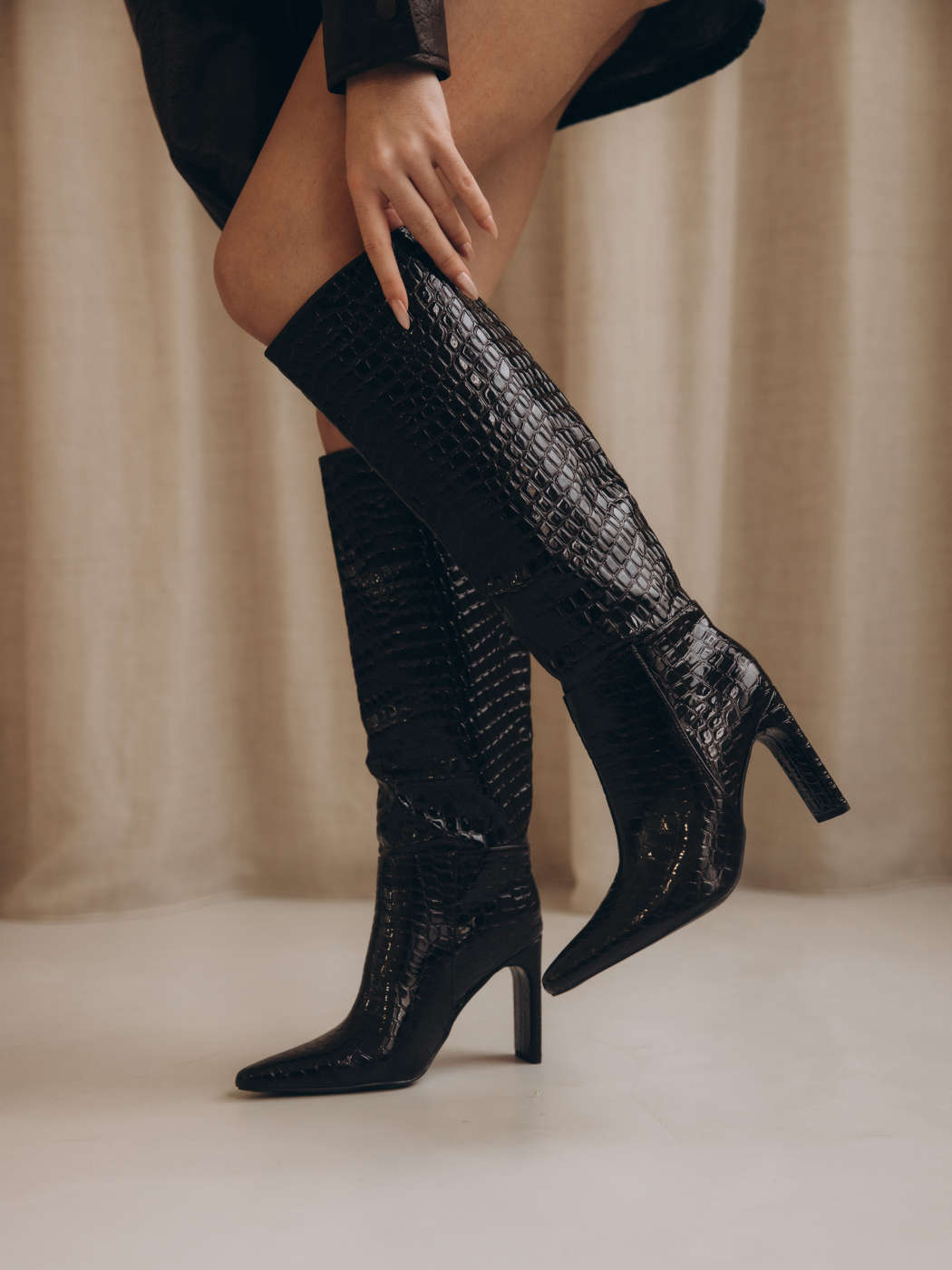 Croco Croc Ã Talon Haut CROCODILE PATTERN POINTED TOE KNEE HIGH