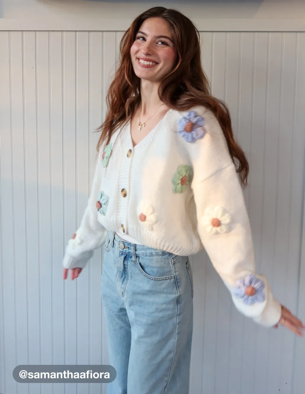 V-Ausschnitt Knopf Blumen Strickjacke