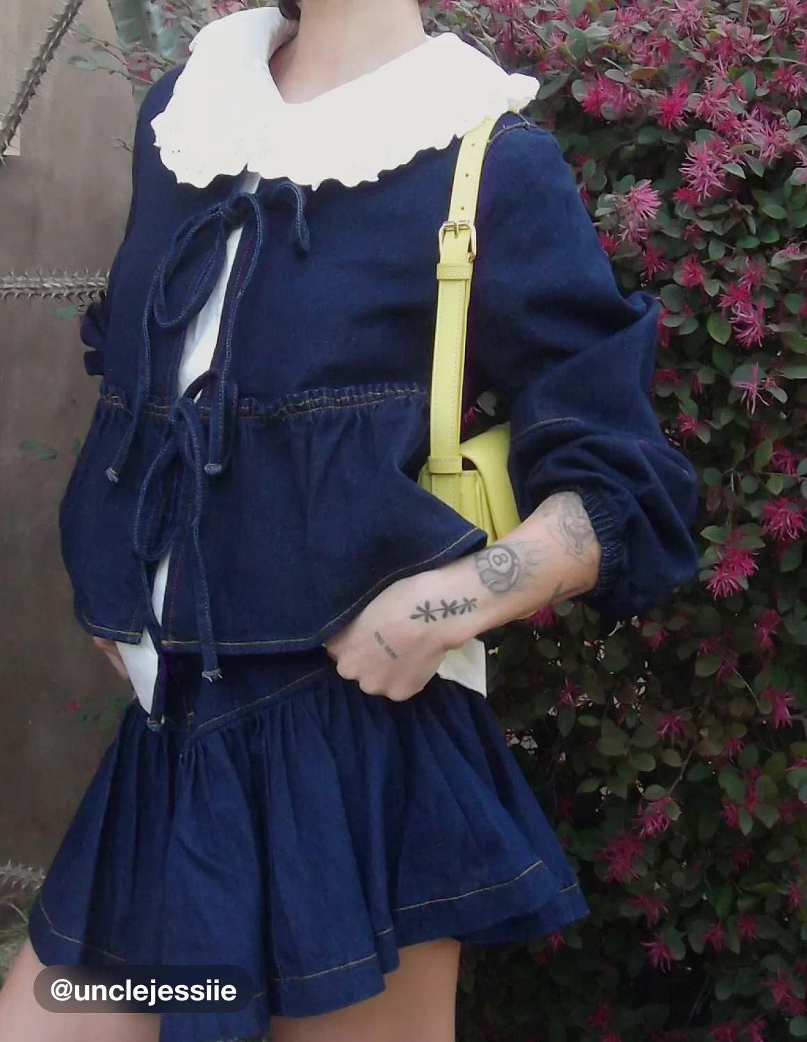 Denim Round Neckline Tie Front Ruffle Hem Jacket