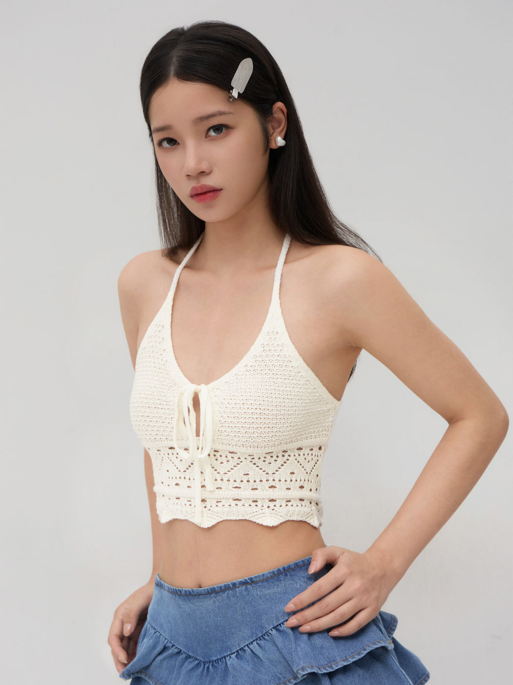 Halter Knotted Lettuce Trim Crop Cami Tank Top 