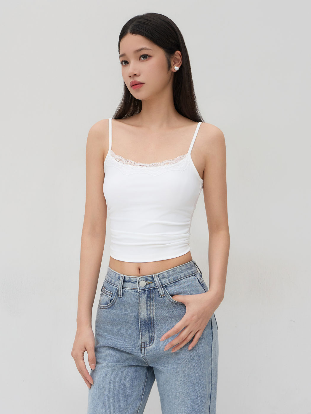 Scoop Neckline Solid Lace Trim Ruched Crop Cami Top