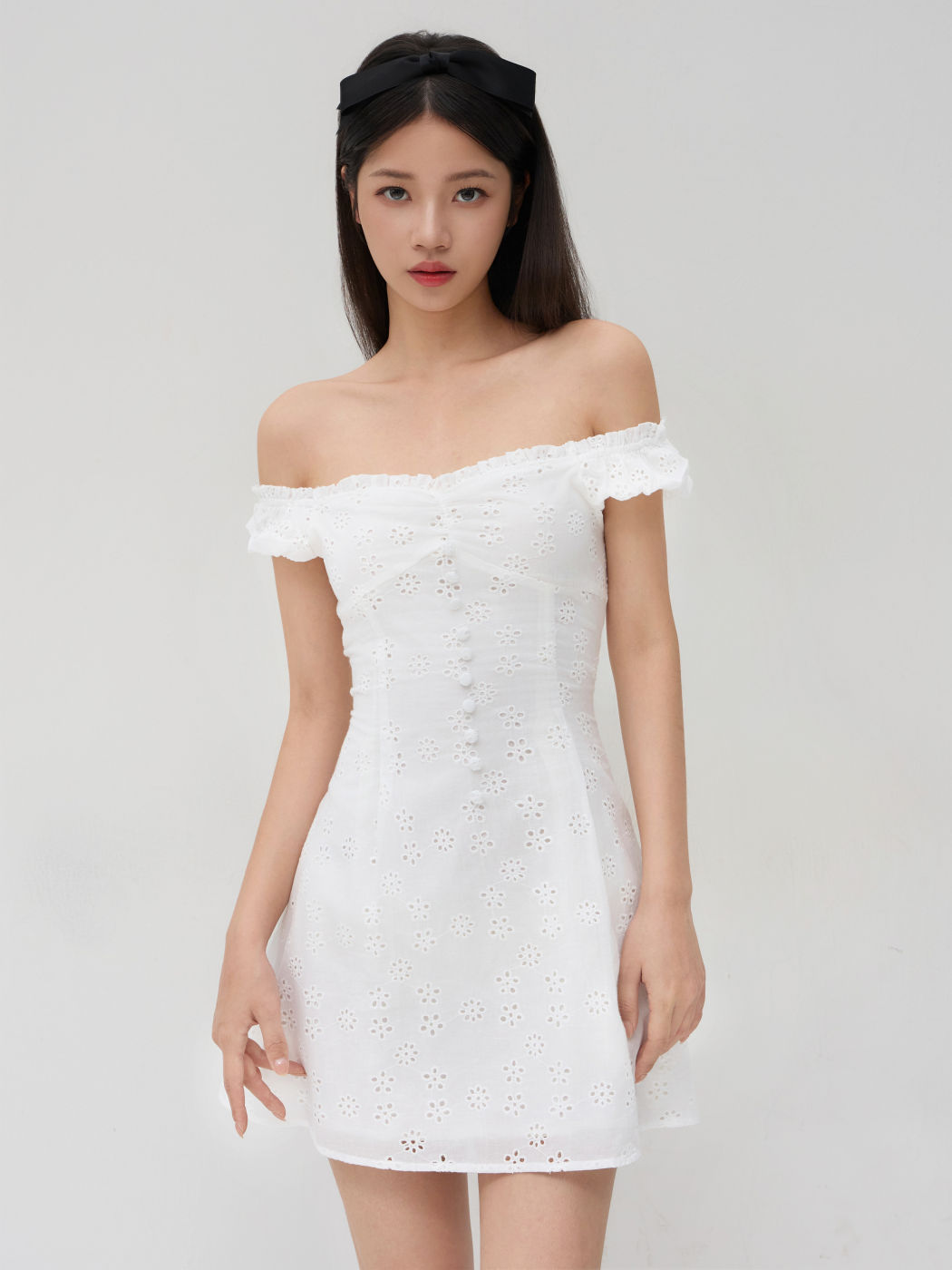 Broderie Anglaise 100% Cotton Off-shoulder Solid Button Mini Dress