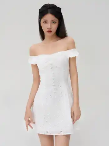 Broderie Anglaise 100% Cotton Off-shoulder Solid Button Mini Dress