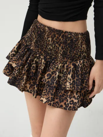 Mid Rise Leopard Shirred Layered Mini Skirt