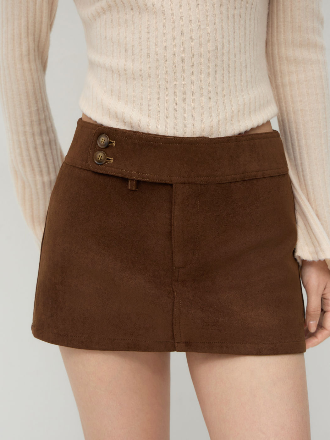 Suede Low Rise Solid Button Mini Skirt