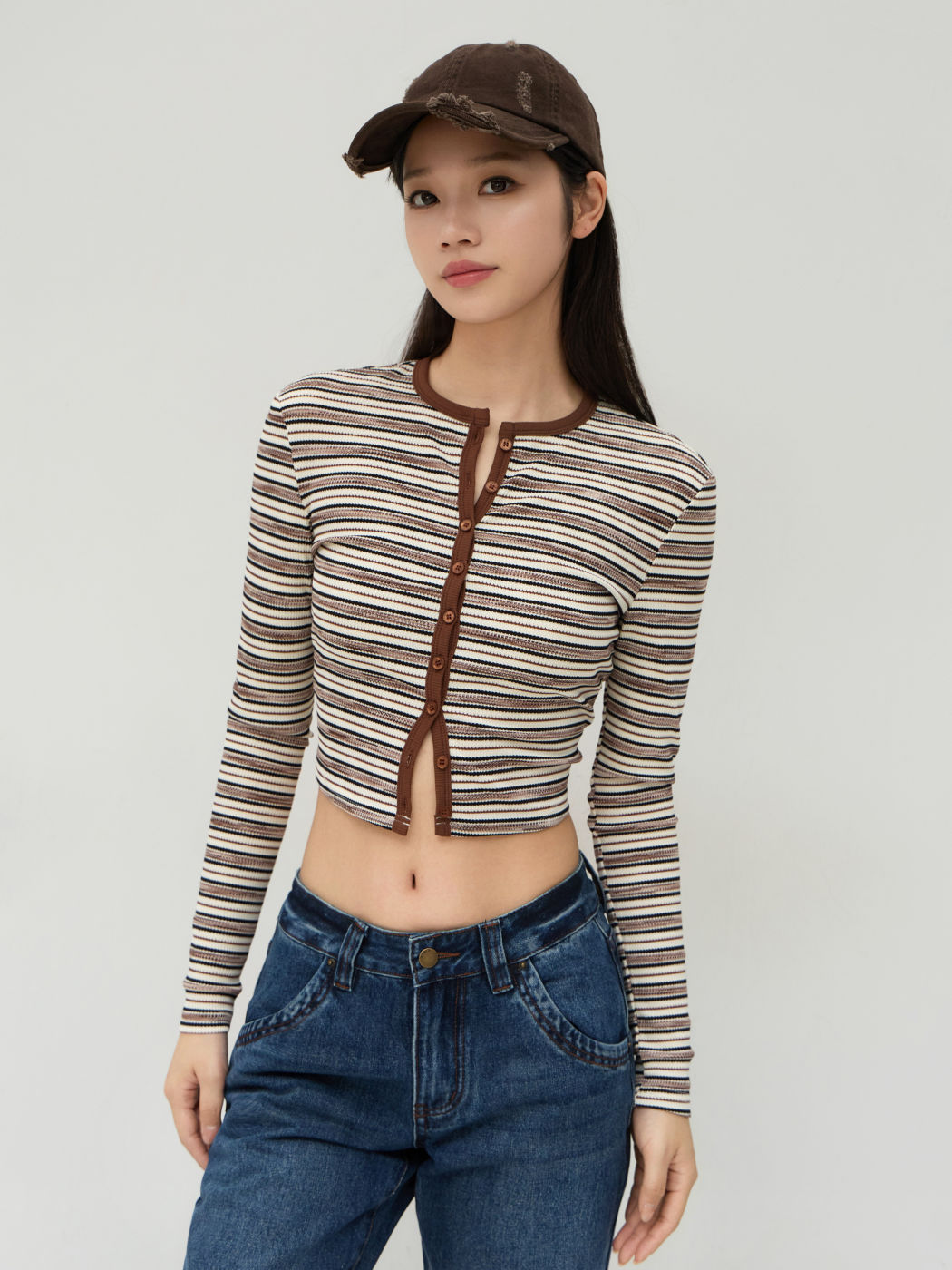 Round Neckline Stripe Button Long Sleeve Top