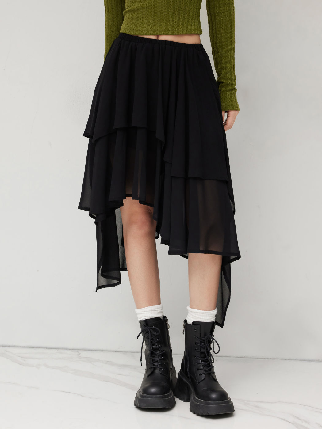 Mid Rise Solid Ruffle Asymmetrical Hem Maxi Skirt