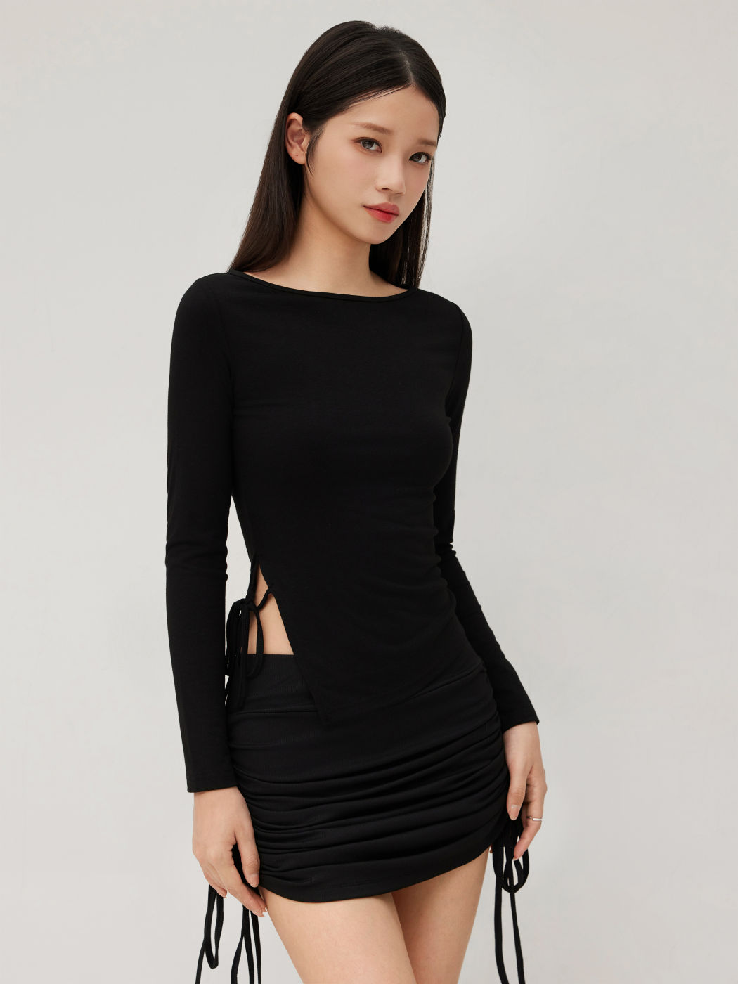 Boat Neck Solid Knotted Long Sleeve Tee