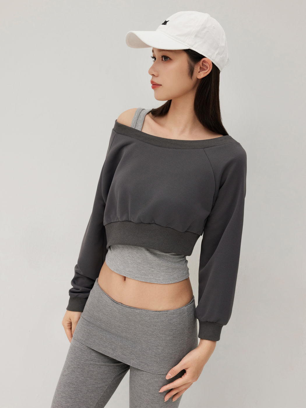 Terry Off-shoulder Cropped Oversized Sweatshirt & Ruched Tank Top