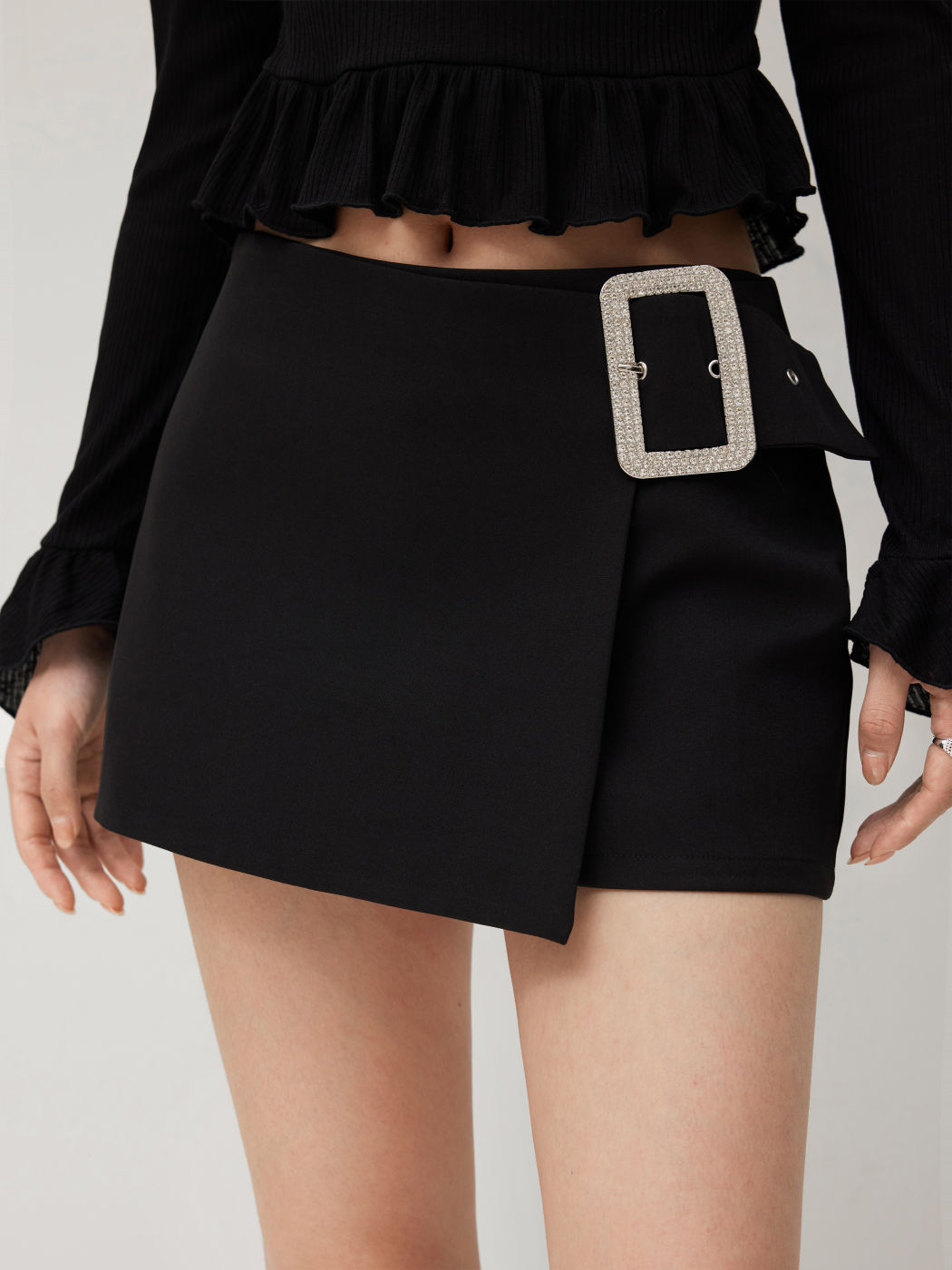 Low Rise Rhinestone Buckle Wrap Skort