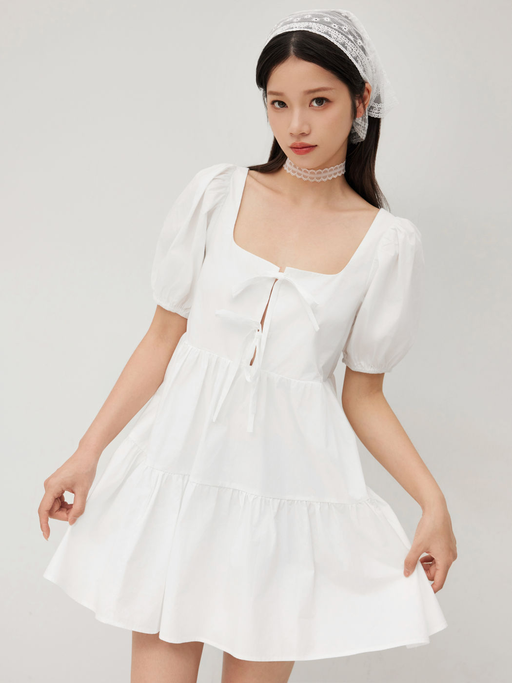 100% Cotton Tie Front Bow Smock Mini Dress
