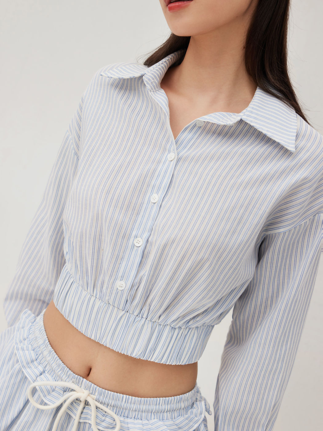 Cotton-blend Collar Stripe Elastic Waist Top