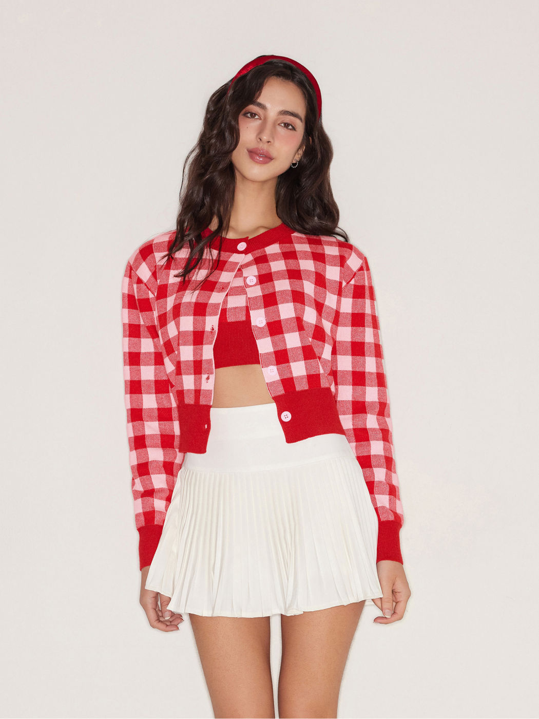 Knit Round Neck Check Cardigan & Cami Tank Top