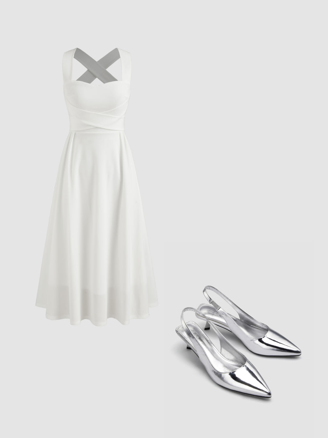 Square Neck Solid Criss Cross Ruffle Midi Dress & Metallic Pointed Toe Slingback Kitten Heels