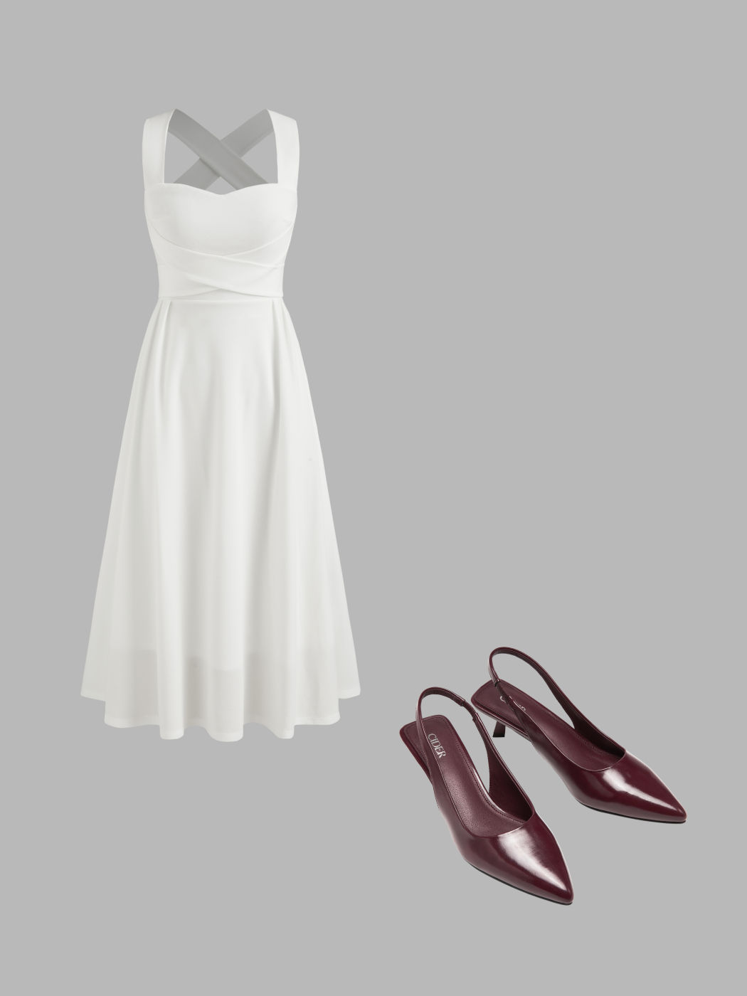 Midi-Kleid mit quadratischem Halsrand, Kreuzung und Rüschen in Solid-Farbe & Metallische Kitten-Höheels mit spitzen Zehen und Slingback