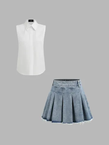 Baumwoll-Sleeveless-Shirt & Jeans-Hochbund-Minirock