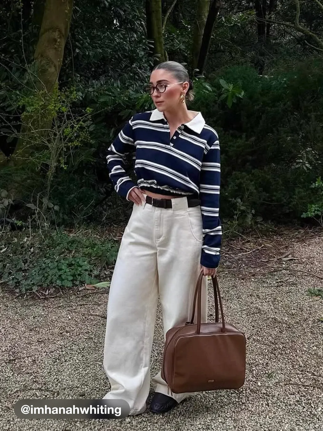 Cotton-blend Collar Striped Long Sleeve Crop Tee