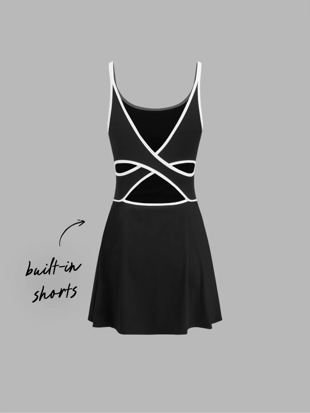 CIDERAIRY™ Aktives Kleid mit U-Halsausschnitt, Kontrastbinden und Kreuzung, mit integrierten Shorts
