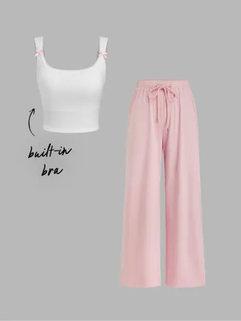 Loungewear-Set mit integrierter Badehalsbügel, quadratischem Hals, Schleifenbänder und Spitzenbesatz Crop Tank Top & Mittelhohen, elastischen Weitbein-Hosen
