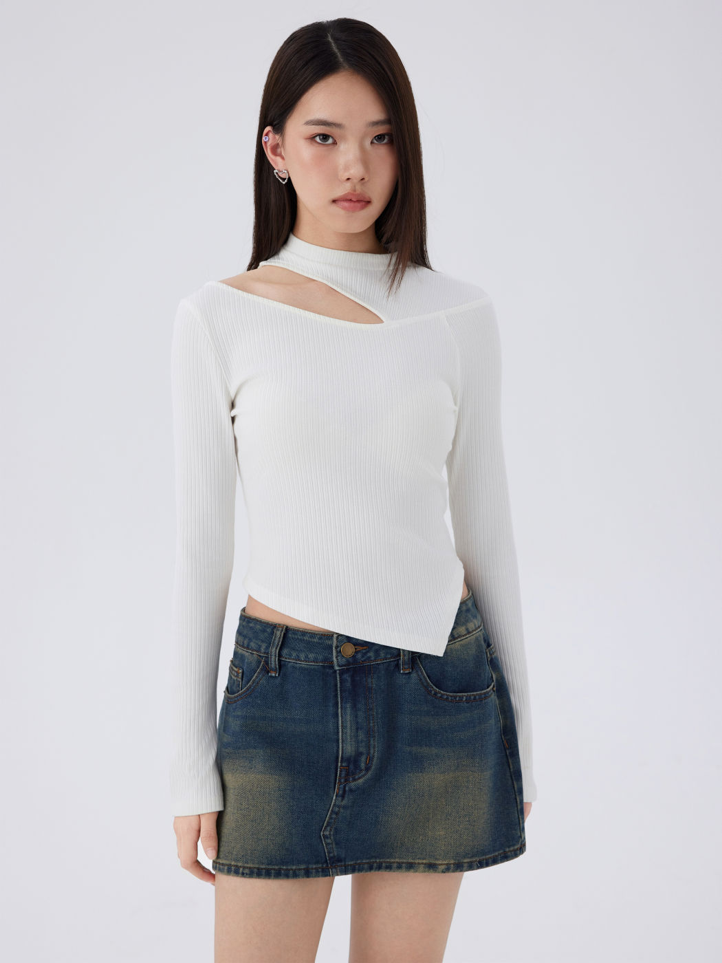Cotton-blend Stand Collar Solid Cut Out Long Sleeve Top