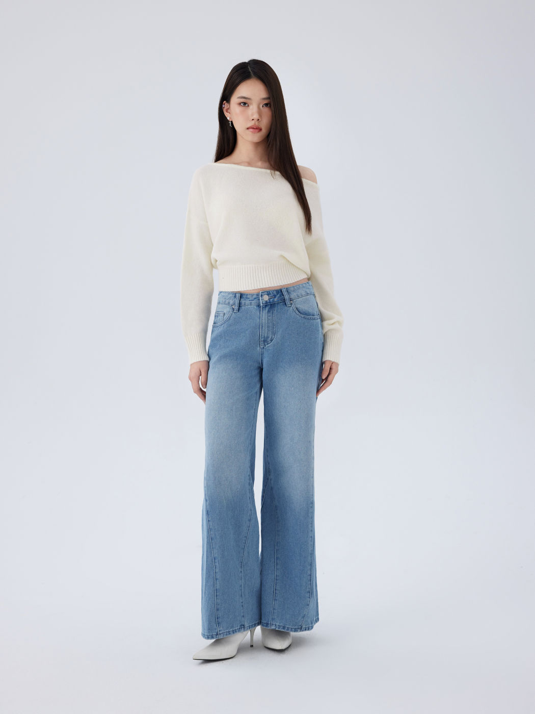 Knitted Boat Neck Solid Asymmetrical Long Sleeve Top