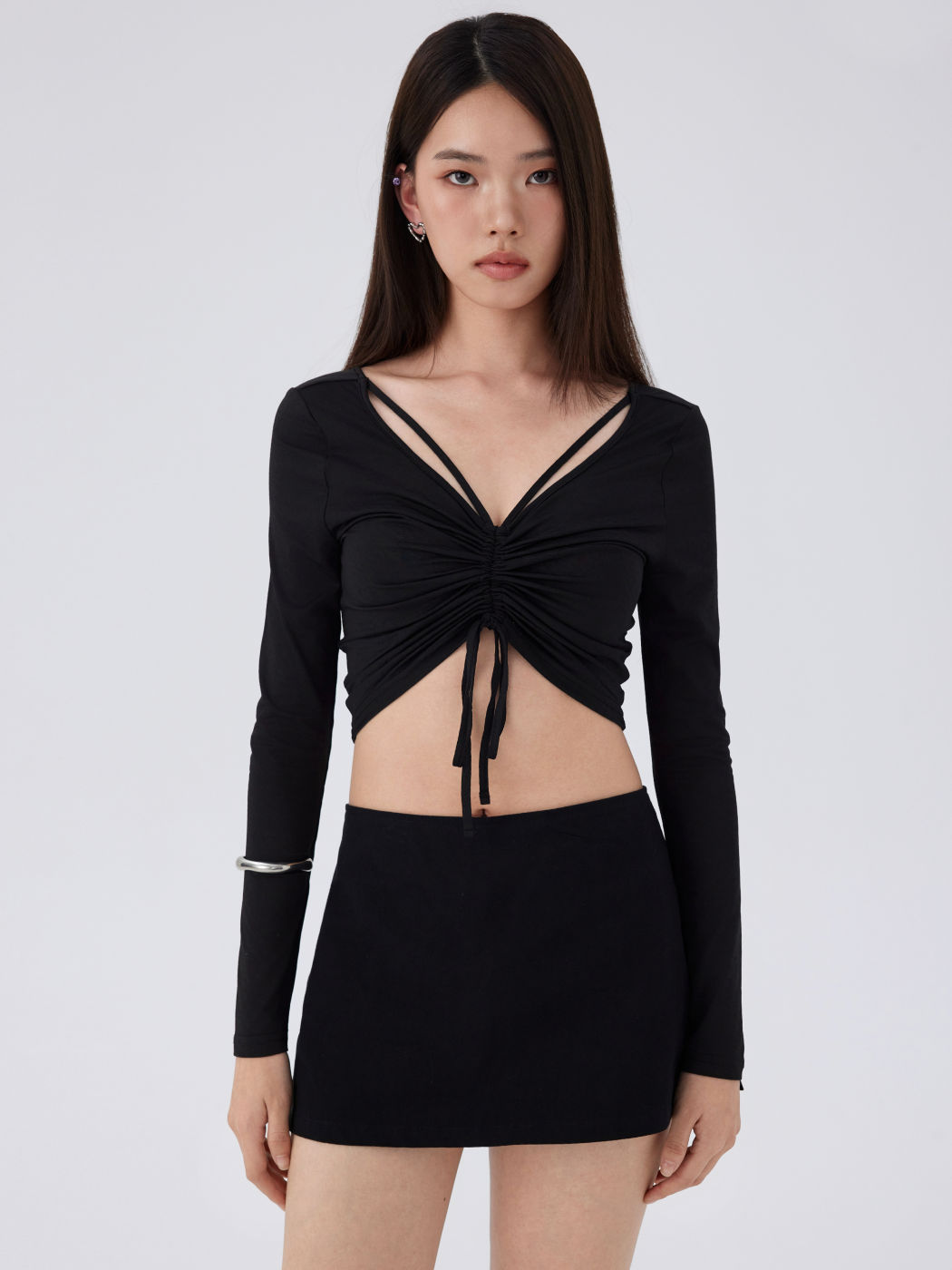 CiderAIRY™ V-neck Ruched Drawstring Long Sleeve Top 