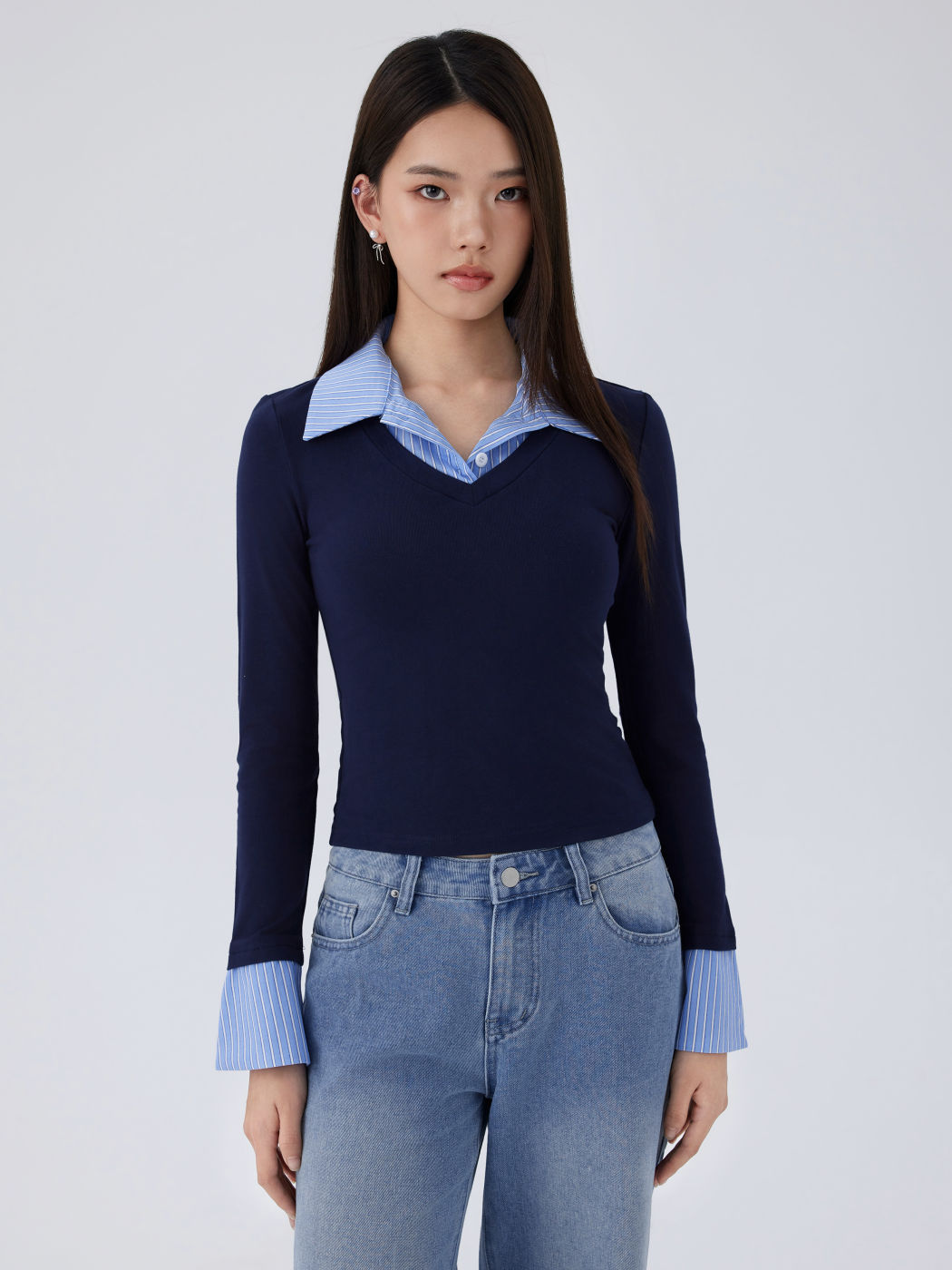 Cotton-blend Collar Stripe Two Tone Top
