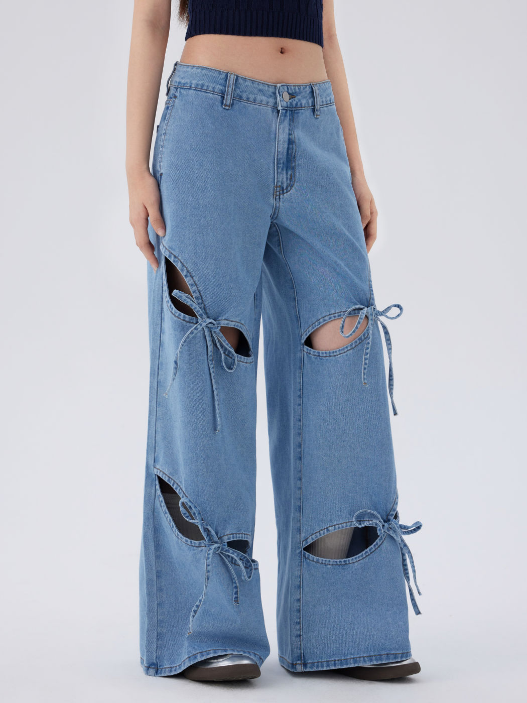 Cider Denim Low Rise Cut Out Bowknot Wide Leg Jeans