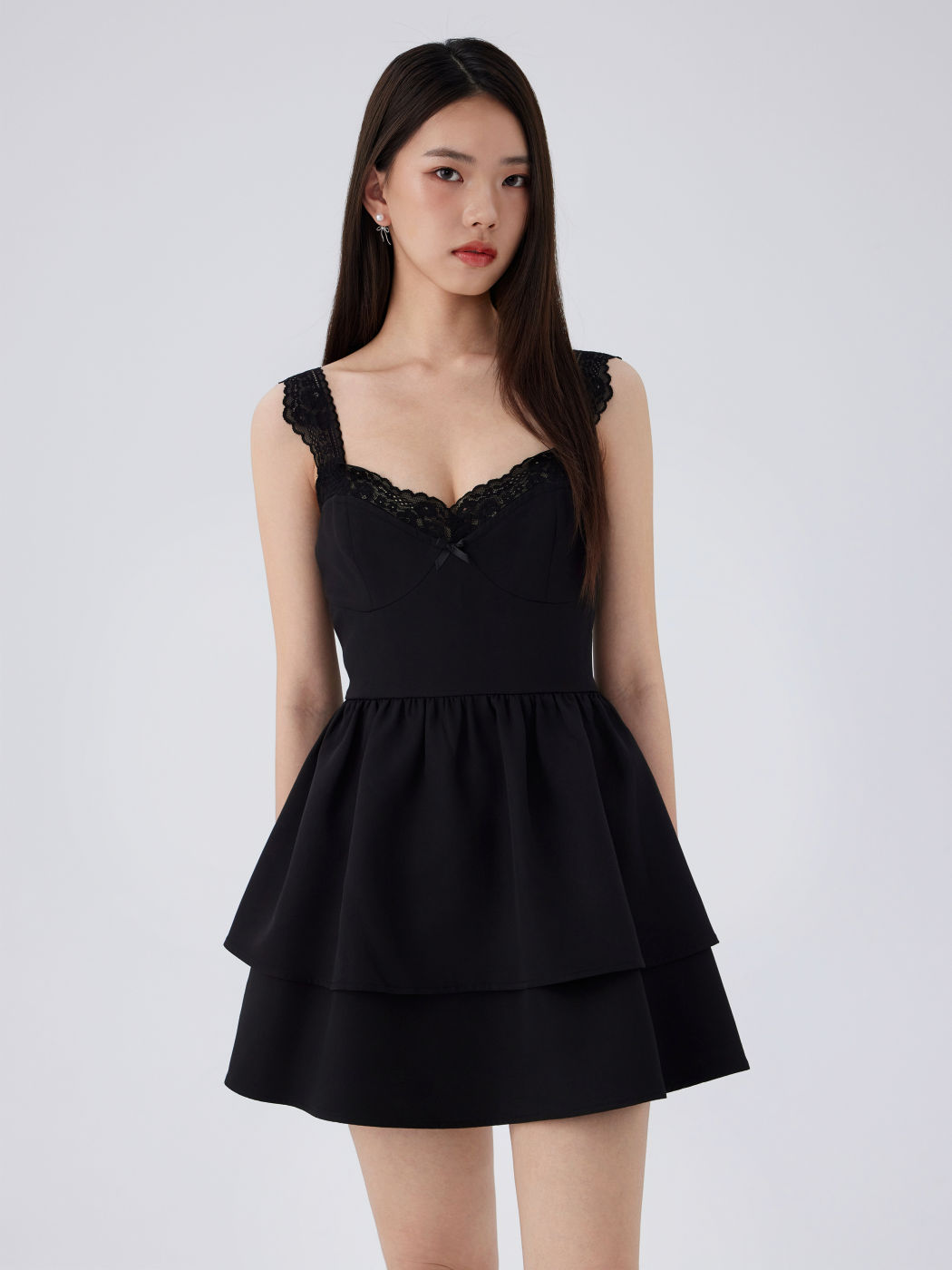 Lace Trim Layered Bowknot Mini Dress
