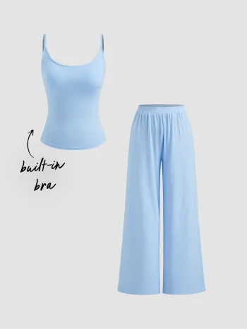 Built-in Bra U-neckline Cami Top & Mid Rise Wide Leg Trousers Loungewear Set