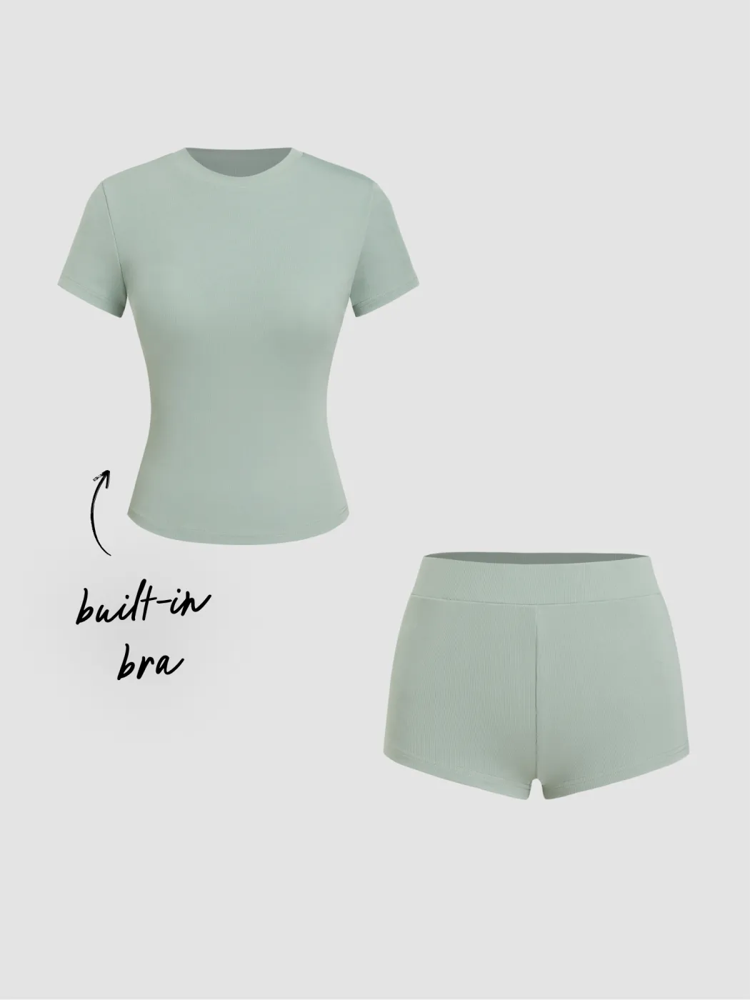Built-in Bra Round Neckline Tee & Mid Rise Shorts Loungewear Set