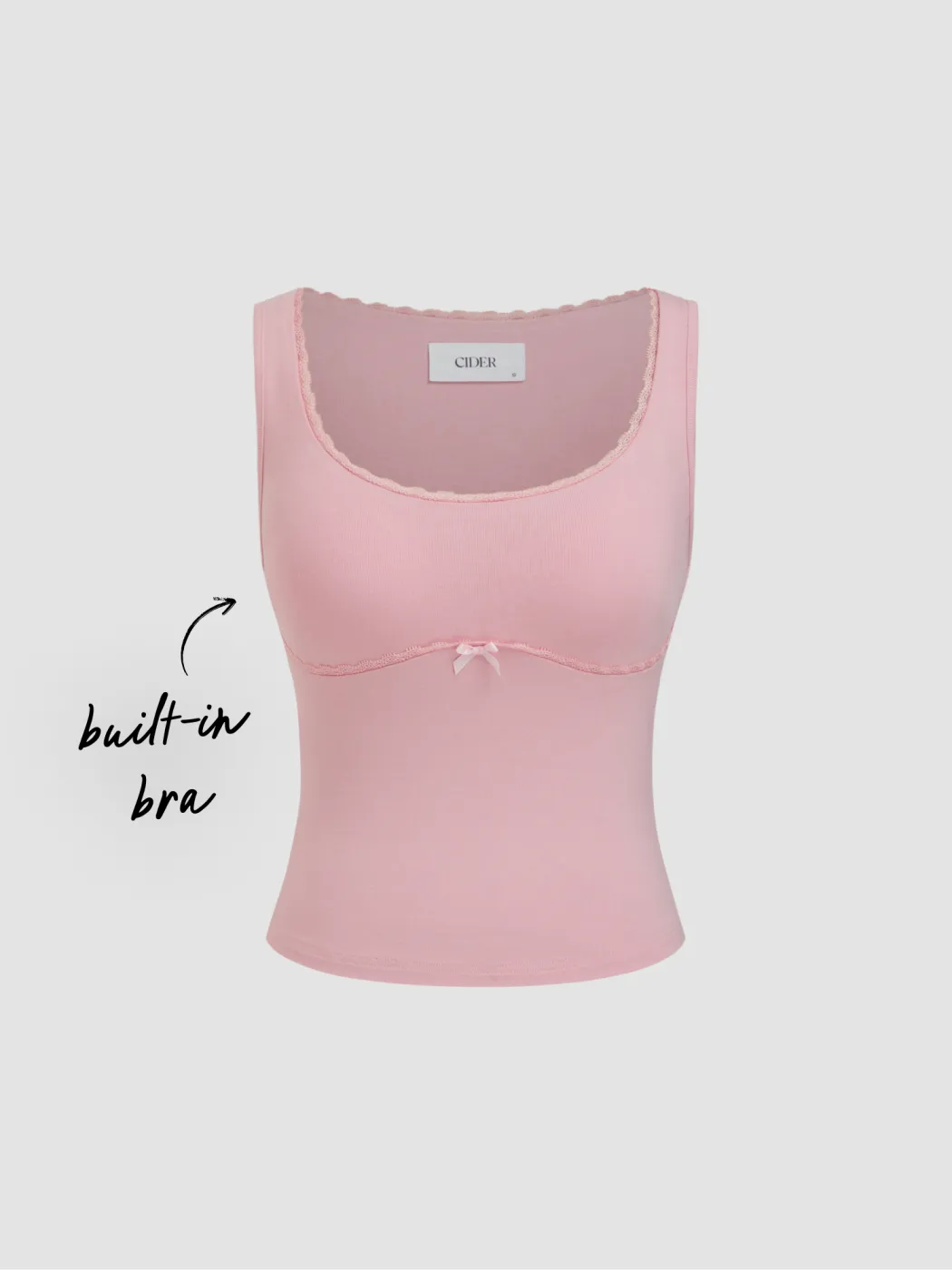 Built-in Bra U-neckline Bowknot Lace Trim Tank Top