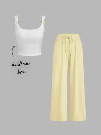 Set loungewear con canotta corta con scollo quadrato con reggiseno integrato, fiocco e bordo in pizzo e pantaloni a gamba larga con coulisse a vita media