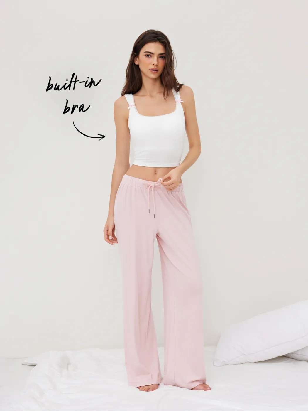Built-in Bra Square Neck Bowknot Lace Trim Crop Tank Top & Mid Rise Drawstring Wide Leg Trousers Loungewear Set