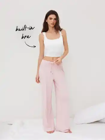 Loungewear-Set mit integrierter Badehalsbügel, quadratischem Hals, Schleifenbänder und Spitzenbesatz Crop Tank Top & Mittelhohen, elastischen Weitbein-Hosen