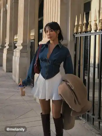 Veste en denim à col corset uni avec fermeture éclair