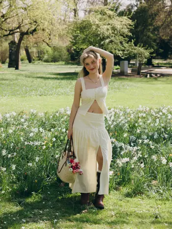 Baumwollmischung Mittelhöhe Streifen Split Maxi-Skirt