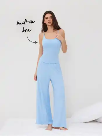 Built-in Bra U-neckline Cami Top & Mid Rise Wide Leg Trousers Loungewear Set