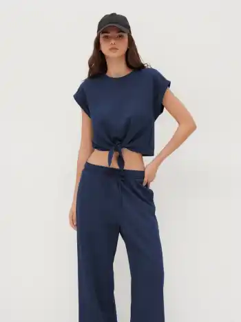 Cotton-blend Twist Roll-up Sleeve Top & Mid Rise Elastic Waist Straight Leg Trousers Set